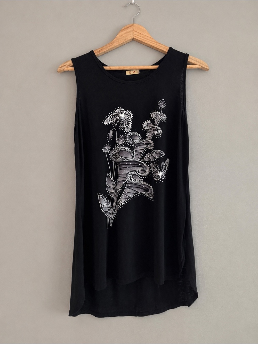Women’s Black Sleeveless High Low Tunic Tank Top Butterfly Floral Print Size M